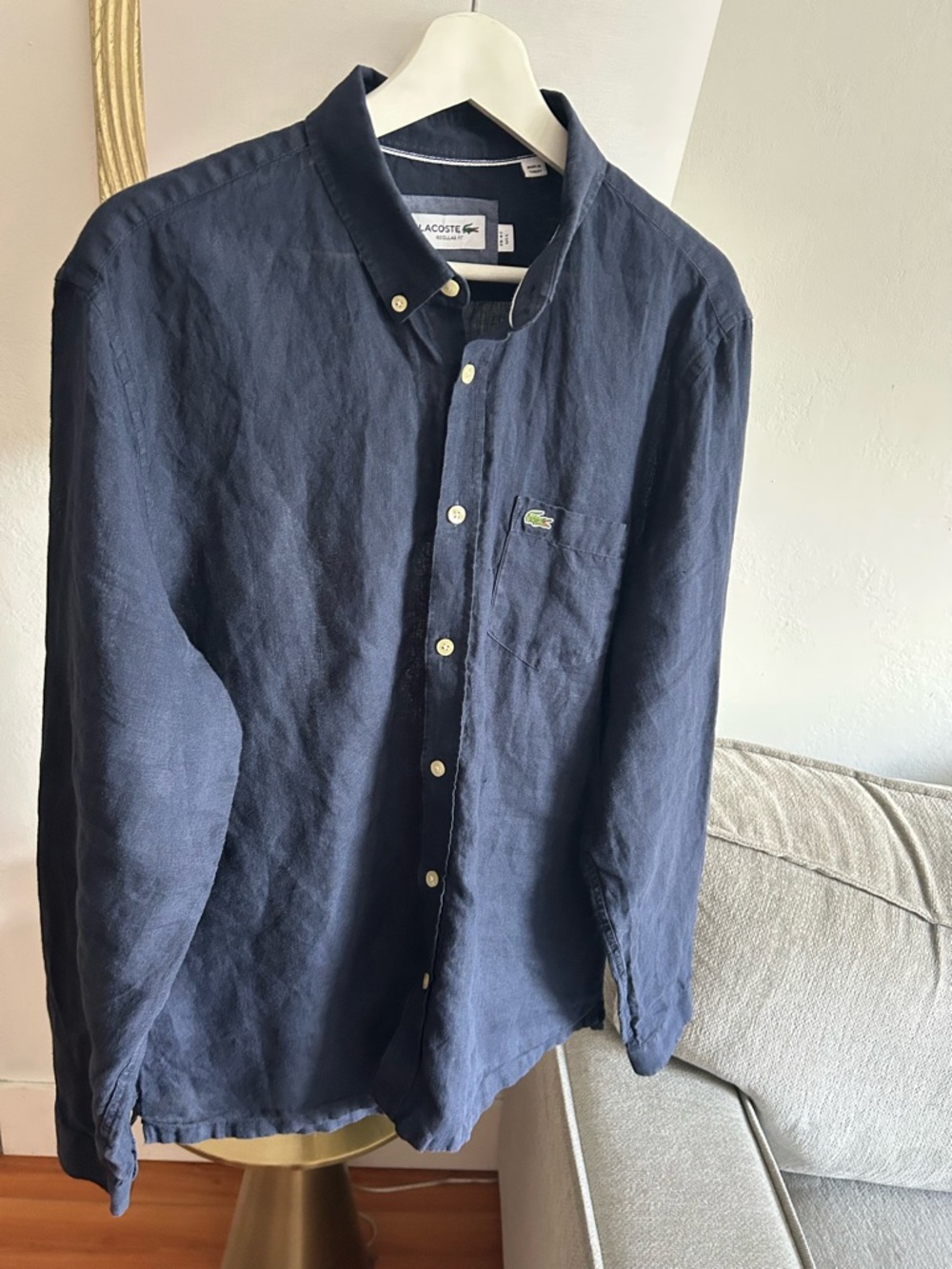 Lacoste Men Button Up Shirt L Linen Blue  Embroidered Casual Shirt